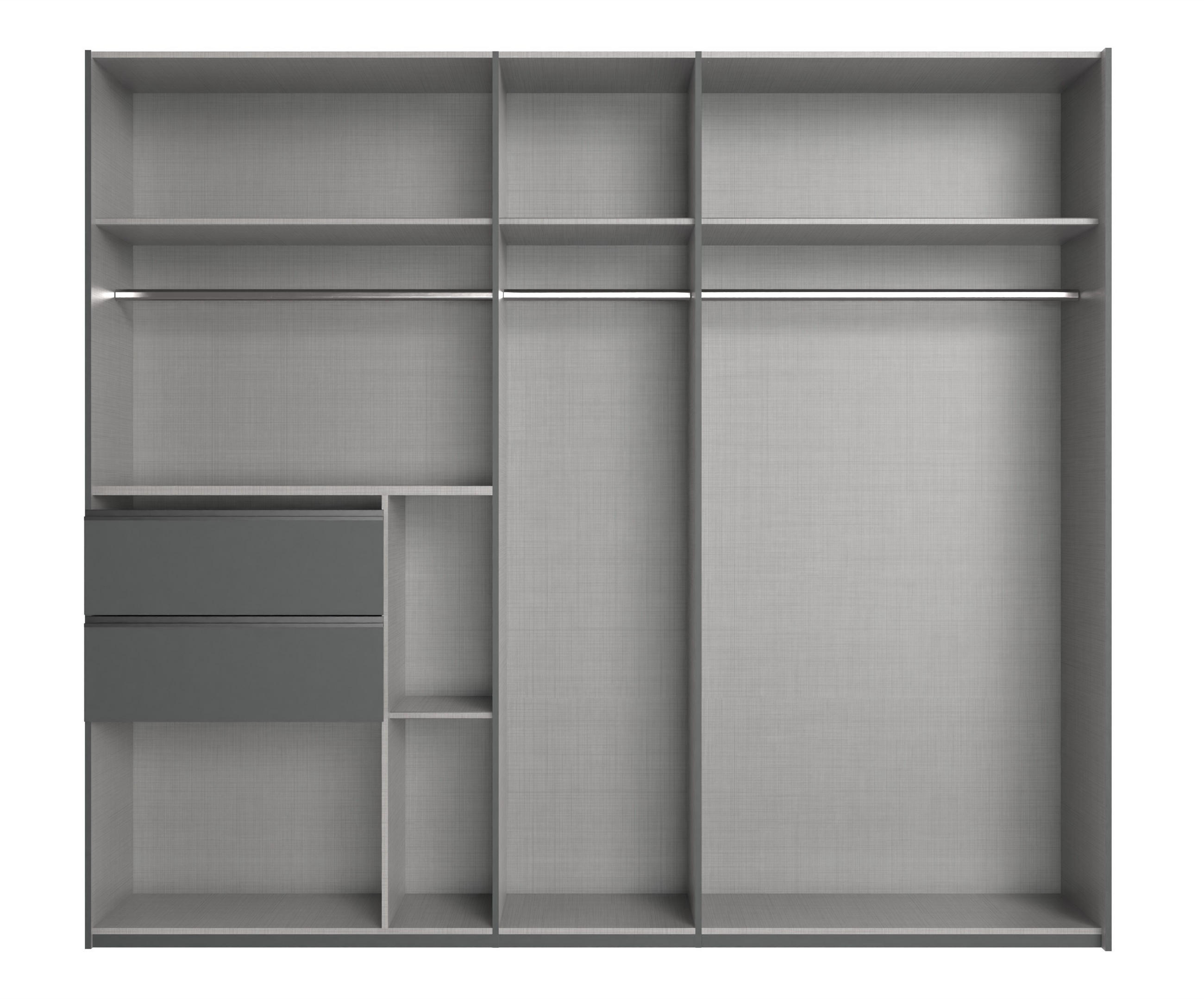 SCHWEBETÜRENSCHRANK B250/H216/T65 cm, Korpus+Schubladen Grafit, Türen eichefarben / Spiegel, inkl. Vollausstattung / 22051 - Eichefarben/Schwarz, Holzwerkstoff/Metall (250/216/65cm) - luma-home