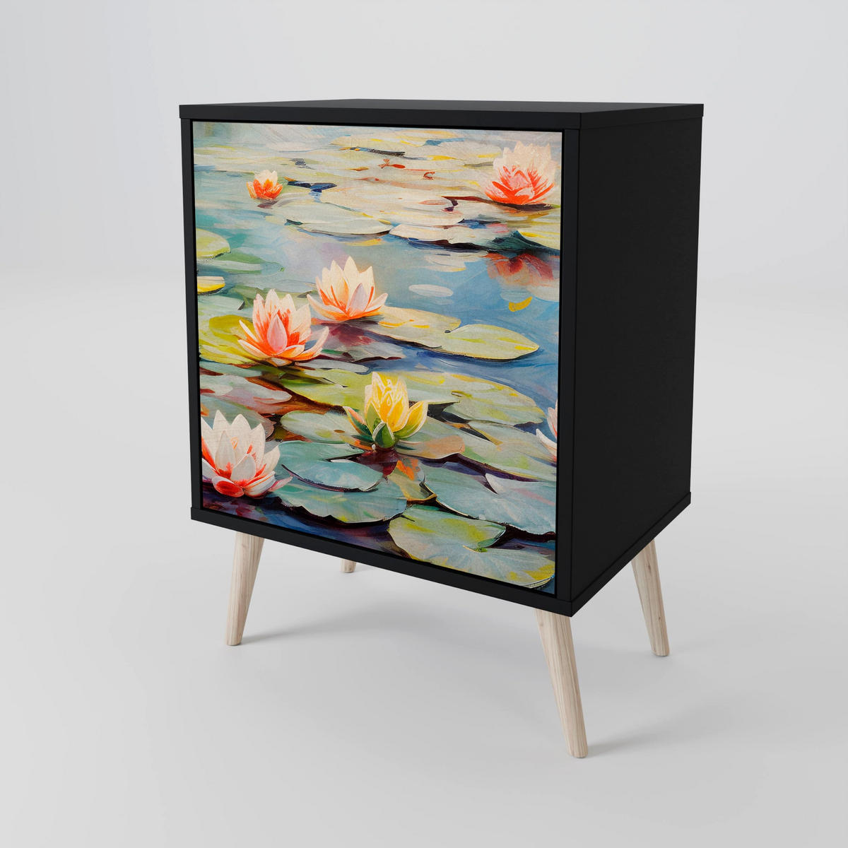 SIDEBOARD BLOOMING WATERS, Schwarz, 57,5x42x70,5 cm, Schwarze Metall-Sternfüße - Multicolor/Schwarz, Holzwerkstoff/Metall (57.5/70.5/42cm) - SpaceRebels