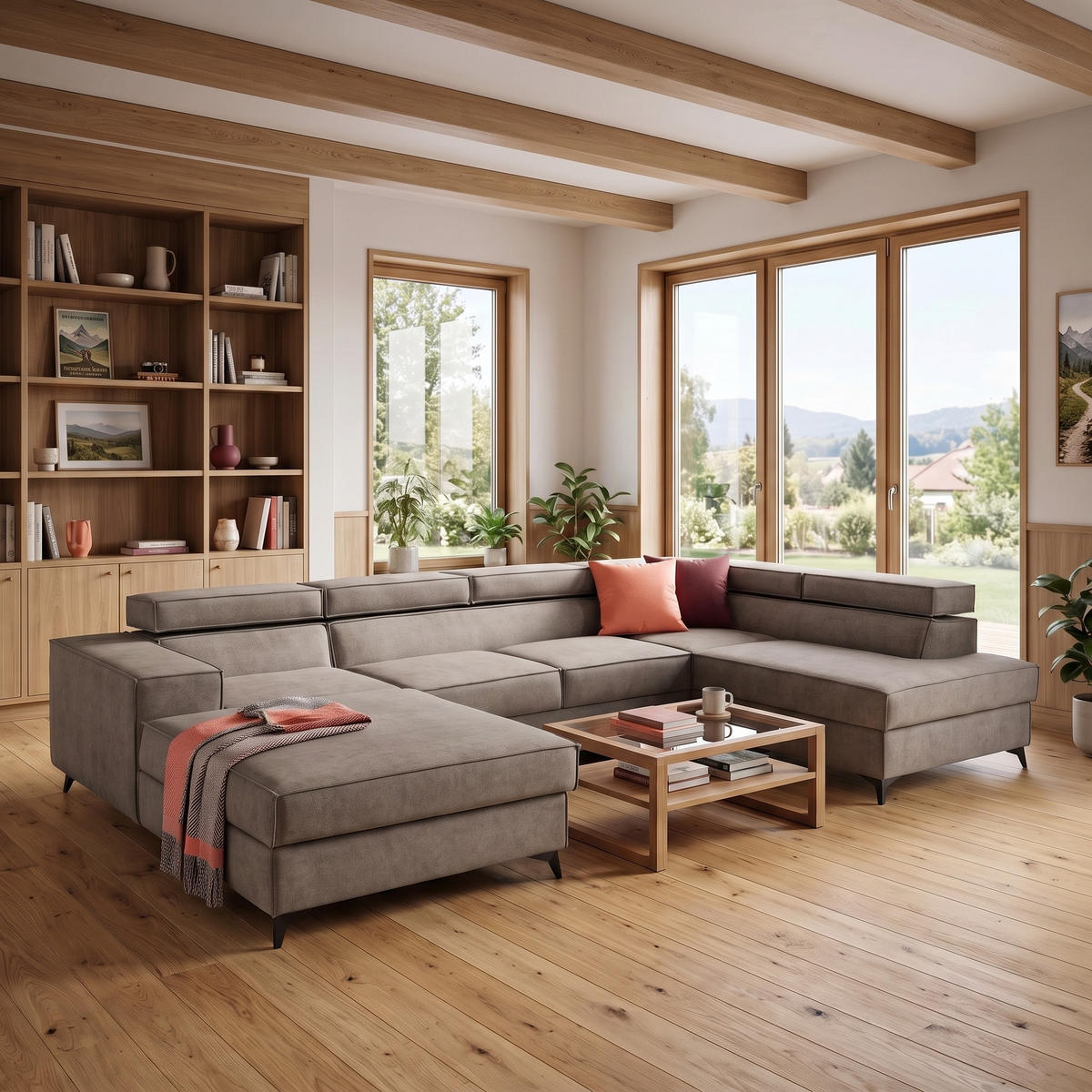 ECKSOFA PURE U Rechts mit Schlaffunktion 127x270 Velours Beige - Beige/Schwarz, Holz/Textil (204/340cm) - Muffo