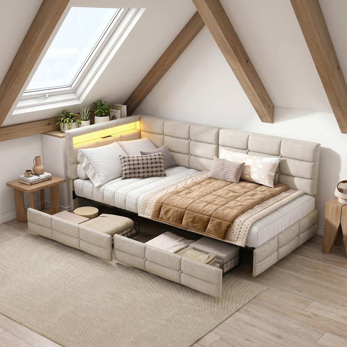 POLSTERBETT 90/200 cm beige mit Schubladen, LED und USB - Beige, Holz - SHOPENTRA