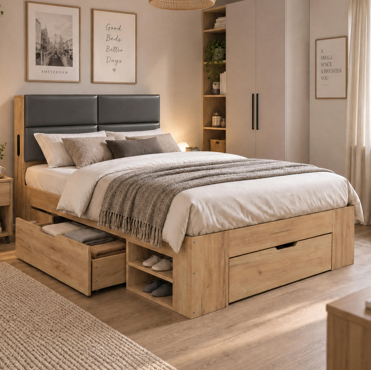 EINZELBETT aus MDF 90x200 cm Natur mit Schubladen, USB- und USB-C-Anschlüssen - Eichefarben, Holzwerkstoff (90/200cm) - Modfu