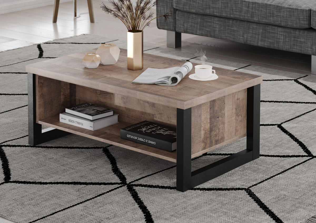 COUCHTISCH Eiche Tabak, schwarz 110 x 65 cm, Beistelltisch mit Ablage - Eichefarben/Schwarz, Holzwerkstoff (65/110/45cm) - Top.Furn