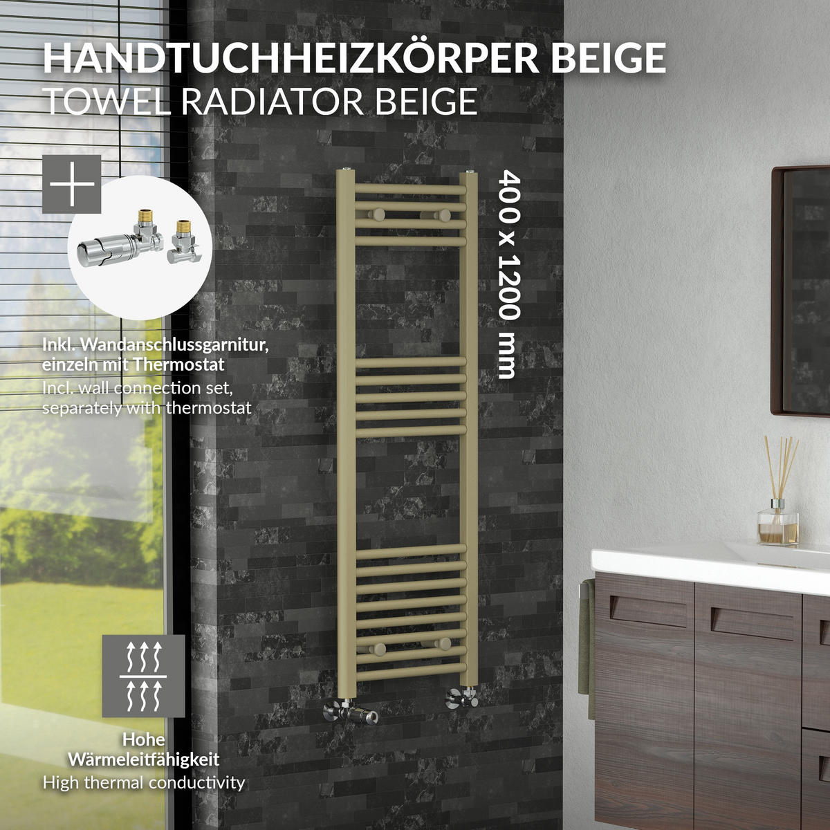 HANDTUCHHEIZKÖRPER 400 x 1200 mm Beige mit Thermostatventil Badheizkörper gerade mit Seitenanschluss - Beige, Metall (40/120/3cm) - LuxeBath