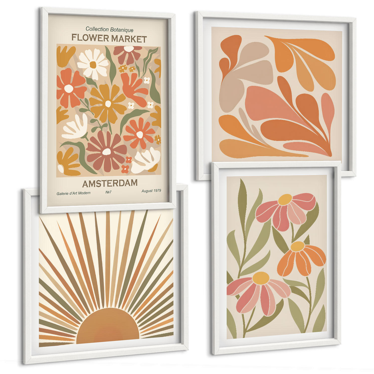BILDER SET 4er Set - 50x50 cm & 40x60 cm Weißer Rahmen - Pastellfarbene Sonnenblumen - Weiß, Kunststoff (50/50cm) - TULUP