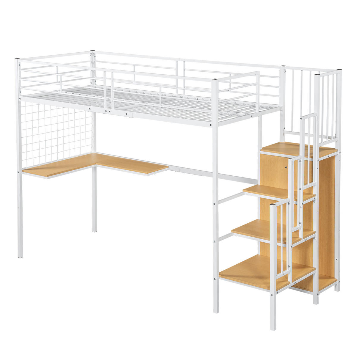 HOCHBETT 90/200 cm Weiß/Natur aus Eisen und Spanplatte mit Kleiderschrank und Tisch - Weiß, Holzwerkstoff (90/200cm) - OKMYHOME