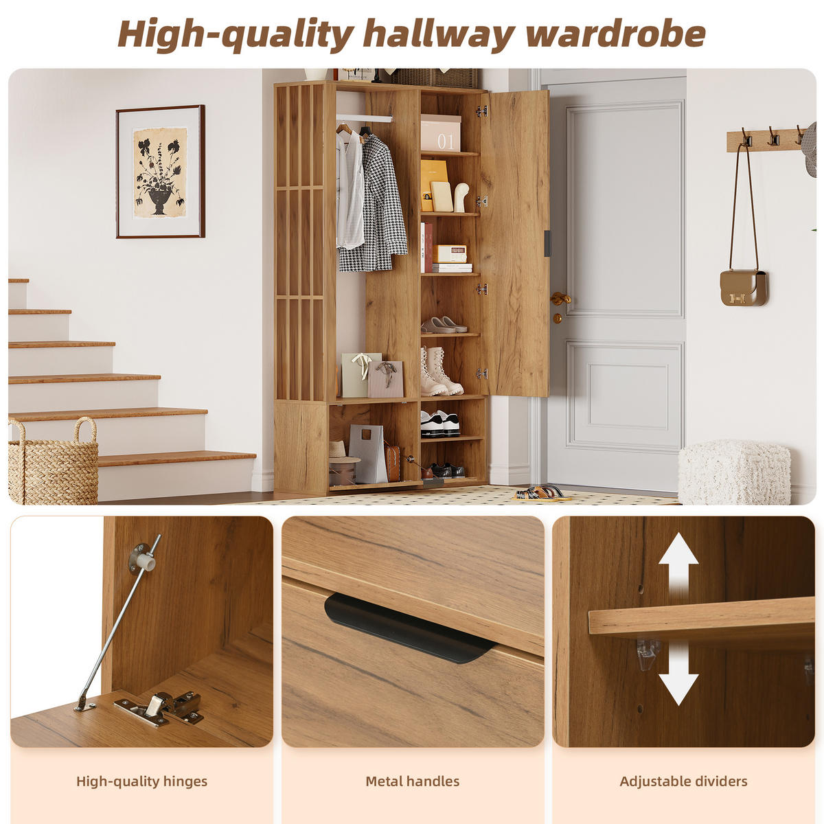 GARDEROBEN-SET in Naturfarben mit Wäscheständer und Spiegel für Flur, B100/T33/H190 cm - Naturfarben, Holzwerkstoff (100/190/33cm) - STILVORA