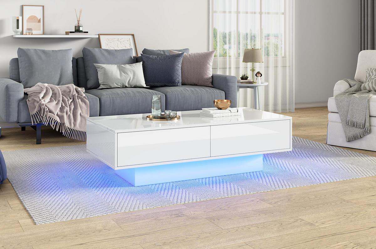 COUCHTISCH, Hochglanz-Spanplatte, LED-Beleuchtung, 2 Schubladen, 115/55/34 cm, Weiß - Weiß, Holzwerkstoff (115/55/34cm) - Redom