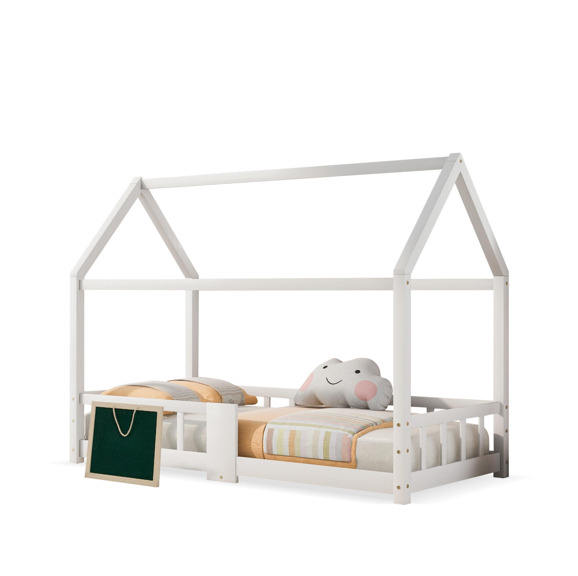 KINDERBETT 90/200 cm Weiß aus Massivholz mit Tafel und Rausfallschutz - Weiß, Holz (90/200cm) - Flora Grace
