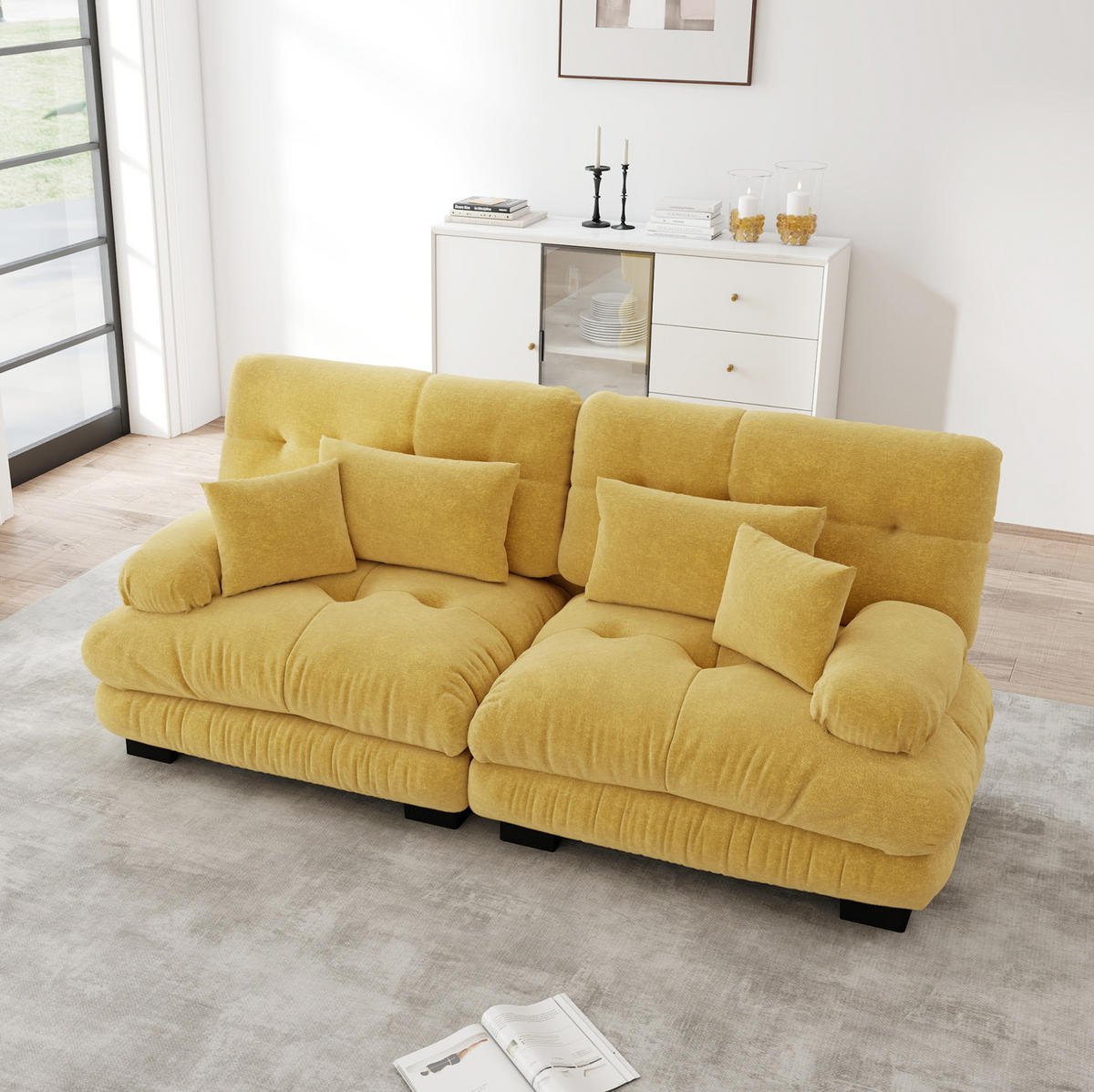 ECKSOFA modular mit tiefem Sitz, Rundarmlehnen und Dekokissen, Gelb - Gelb, Textil (220/77cm) - Redom