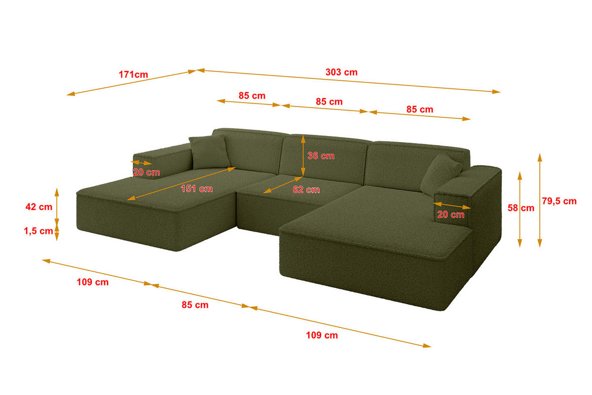 WOHNLANDSCHAFT IREA-U1-v4 - 303x171x79 cm Grün - Platinfarben, Holzwerkstoff/Textil (303/79/171cm) - ALTDECOR