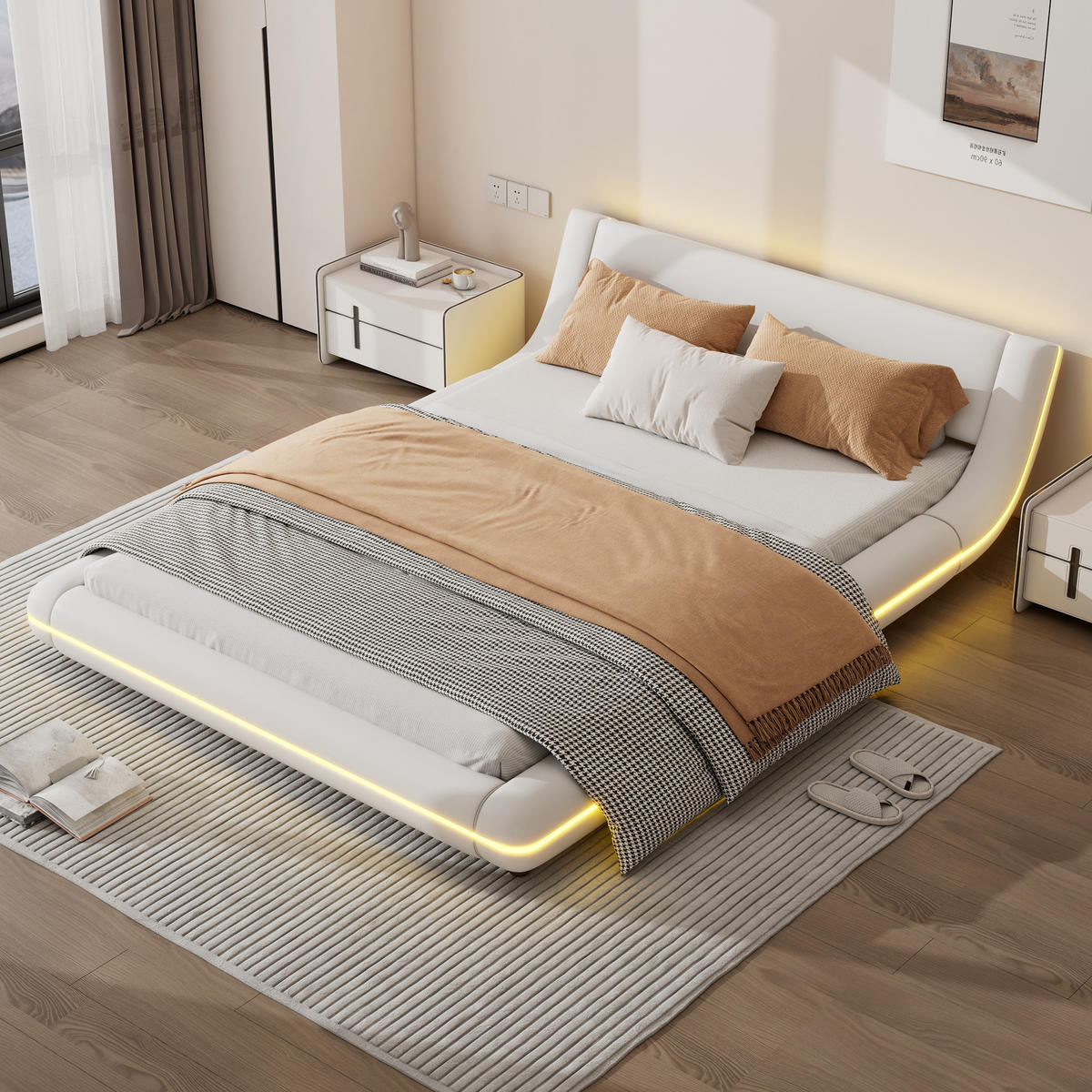 BODENBETT 140/200 cm mit LED-Umgebungsbeleuchtung, App-Steuerung und PU-Oberfläche, Weiß - Weiß, Leder (140/200cm) - Redom