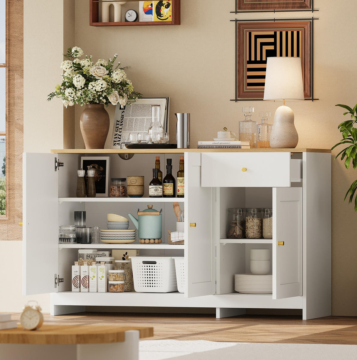 SIDEBOARD aus MDF und Spanplatte 120x40x75 cm Weiß/Natur mit 3 Türen, Schublade und verstellbaren Einlegeböden - Weiß, Holzwerkstoff (120/75/40cm) - Modfu