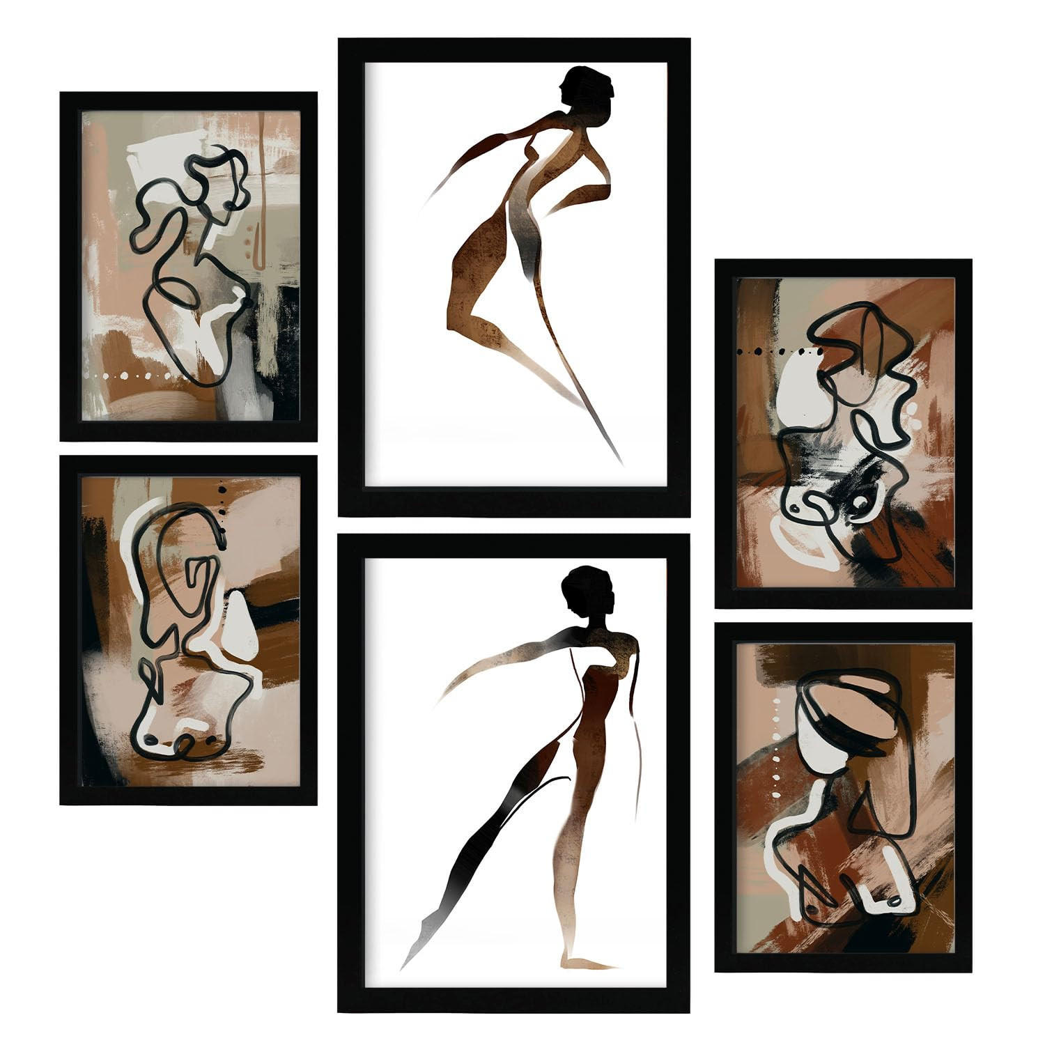 POSTER Set Mit 6 Weibliche Körpertugend Abstrakt Größe A3 & A4 Schwarzer Rahmen - Schwarz, Papier (29.7/1cm) - Nacnic