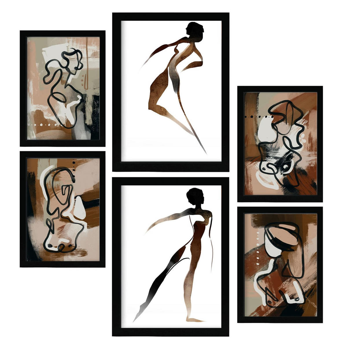 POSTER Set Mit 6 Weibliche Körpertugend Abstrakt Größe A3 & A4 Schwarzer Rahmen - Schwarz, Papier (29.7/1cm) - Nacnic