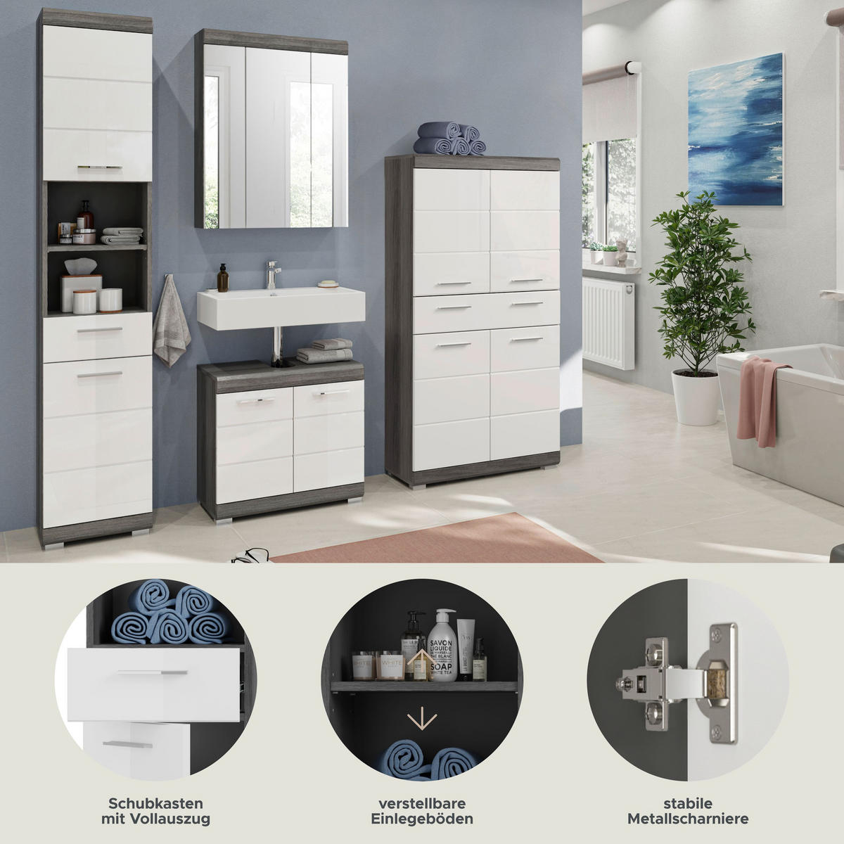 BADKOMBINATION 4tlg. Scout Bad in Rauchsilber Nachbildung und weiß hochglanz B/H/T: 186x191x34 cm - Anthrazit, Holz (186/191/34cm)