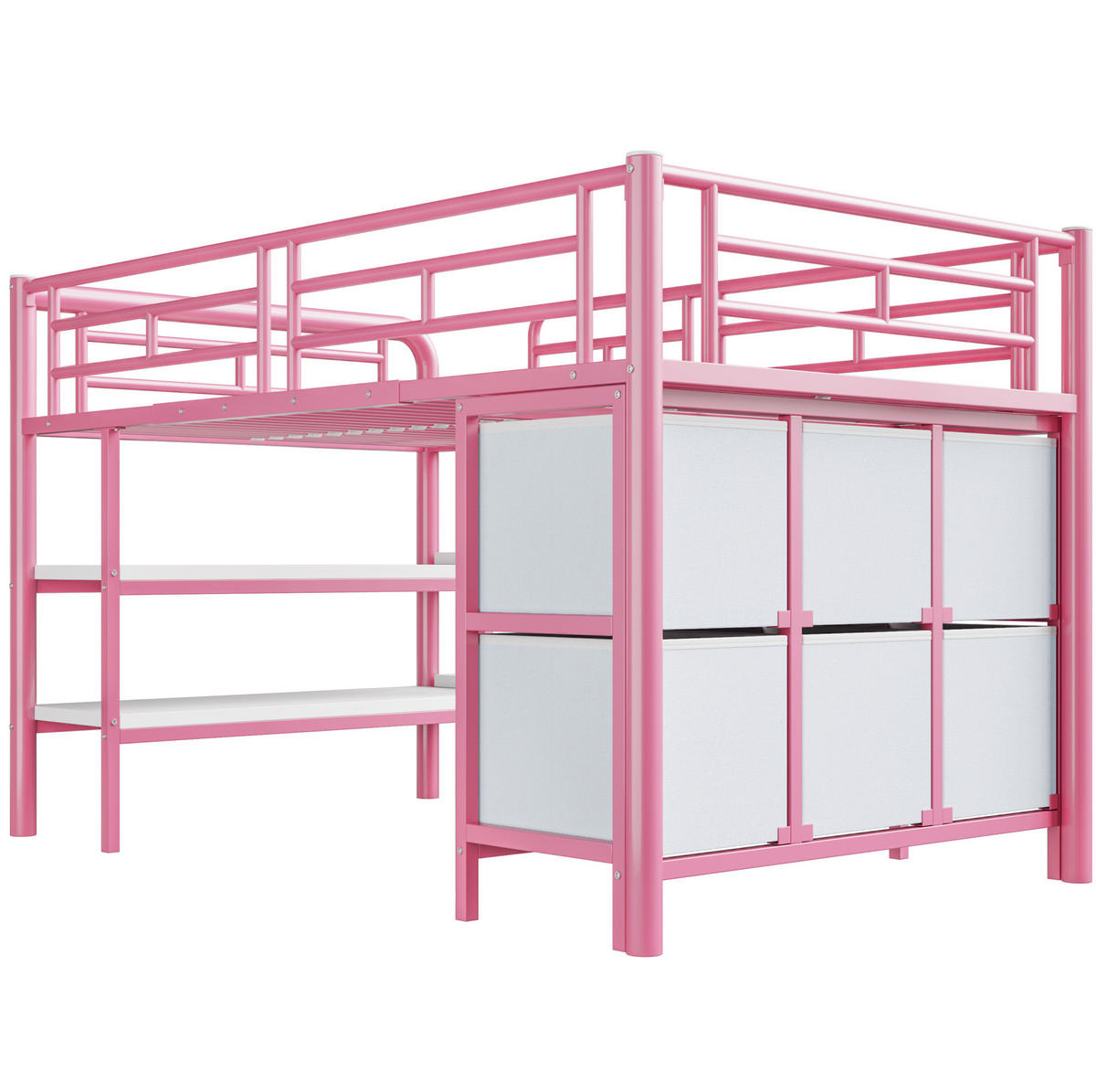 HOCHBETT aus Metall 90x200 cm in Rosa mit Treppe & Stauraum - Rosa, Metall (90/200cm) - Modfu