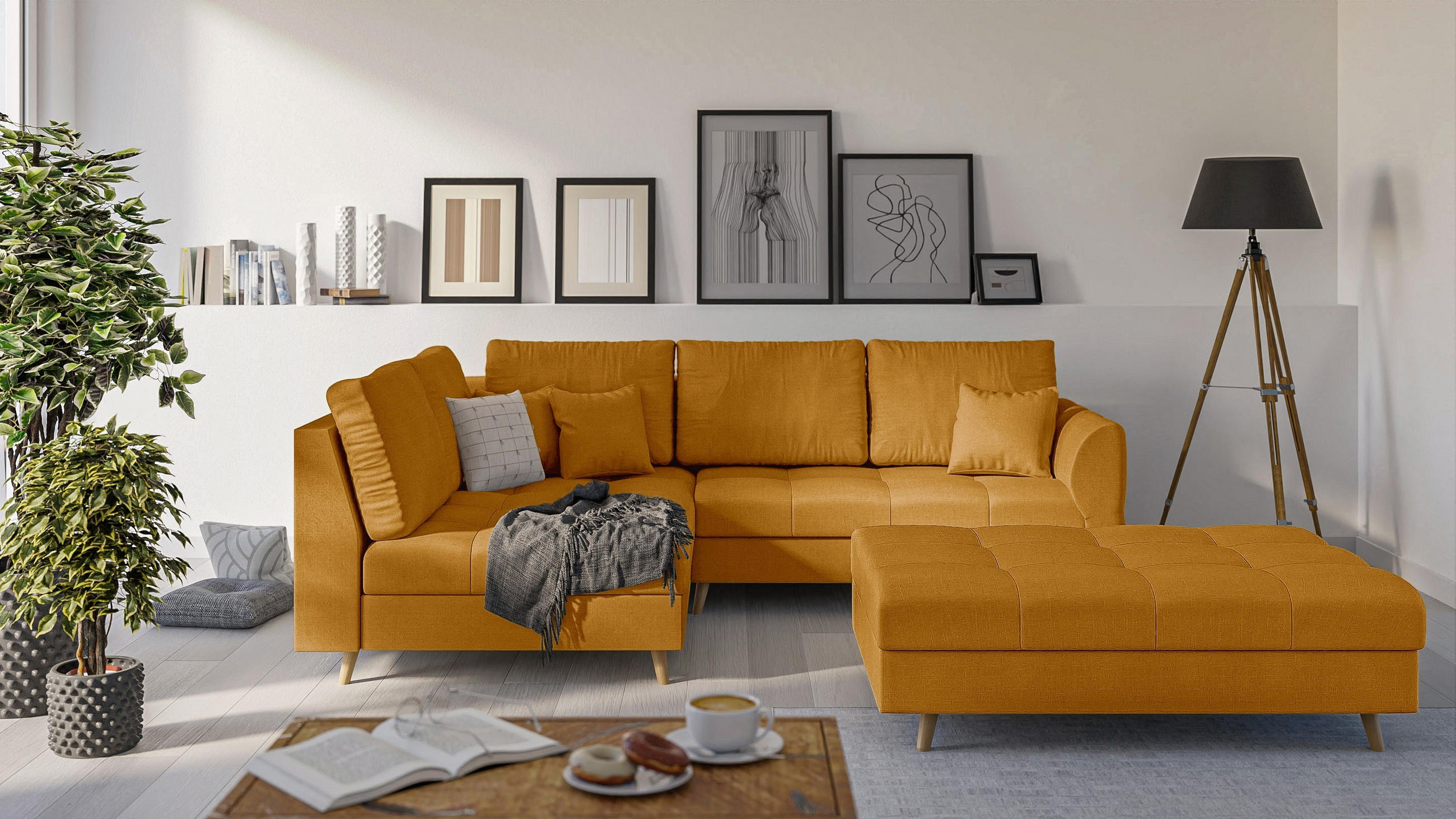 ECKSOFA MIT HOCKER Lorine Mikrofaser Gelb - Hellbraun/Gelb, Buchenholz/Textil (231/161cm) - S-Style Möbel
