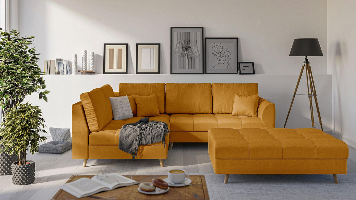 ECKSOFA MIT HOCKER Lorine Mikrofaser Gelb - Hellbraun/Gelb, Buchenholz/Textil (231/161cm) - S-Style Möbel