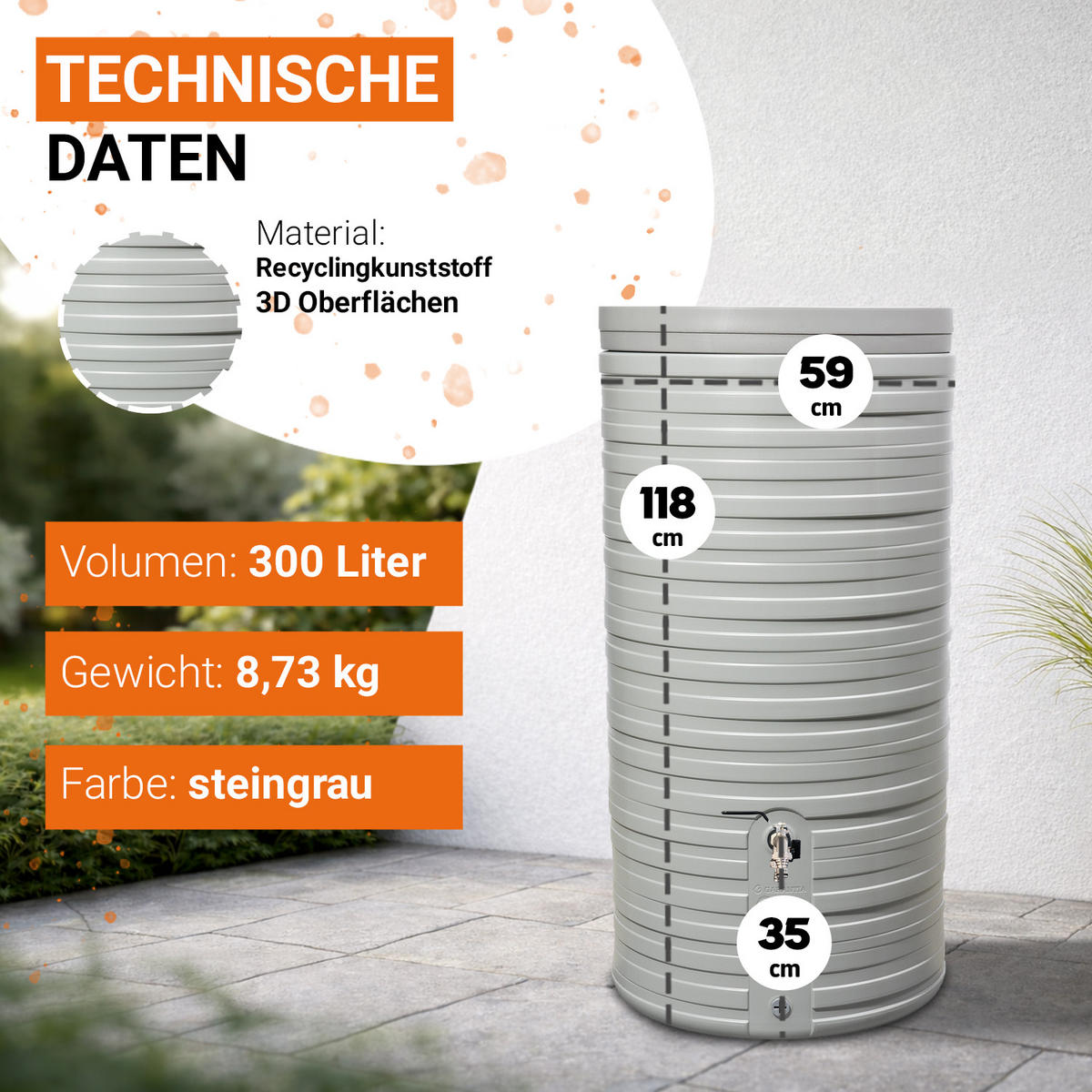 REGENTONNE Komplett-Set 300 L, steingrau inkl. Chrom-Doppelauslaufhahn und Fallrohranschluss - Grau, Kunststoff (59/118/60cm) - GARANTIA