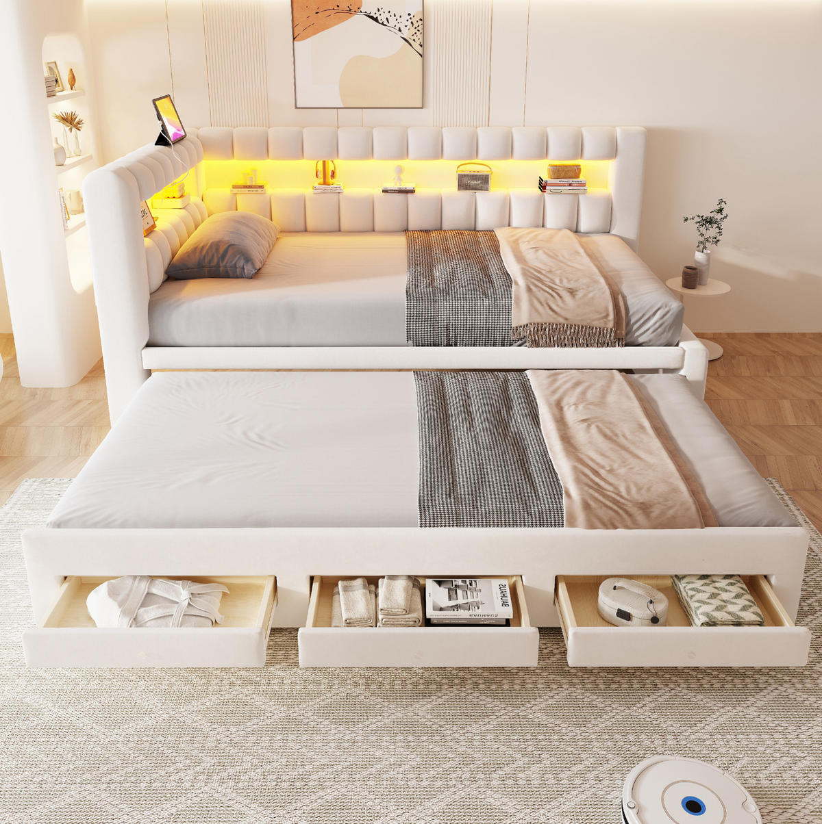 POLSTERBETT Schlafsofa aus Samt 90x190 cm Beige mit Ausziehbett, Stauraum, LED-Beleuchtung und USB-/Typ-C-Anschluss - Beige, Textil (90/190cm) - Modfu