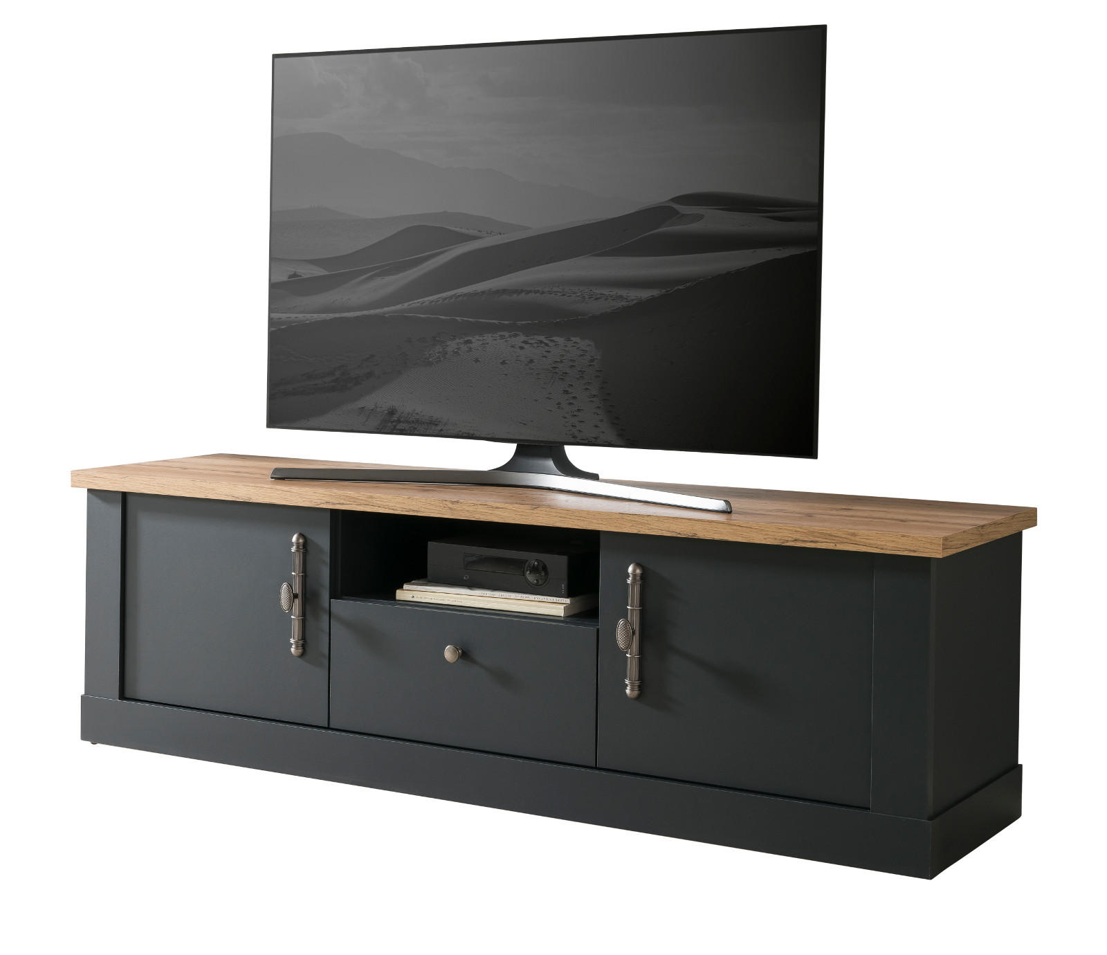 TV-LOWBOARD grau, Eiche Wotan, Landhaus 158 cm, TV Unterteil mit Soft-Close - Silberfarben/Eiche Wotan, Holzwerkstoff/Kunststoff (158/51/45cm) - Furn.Design