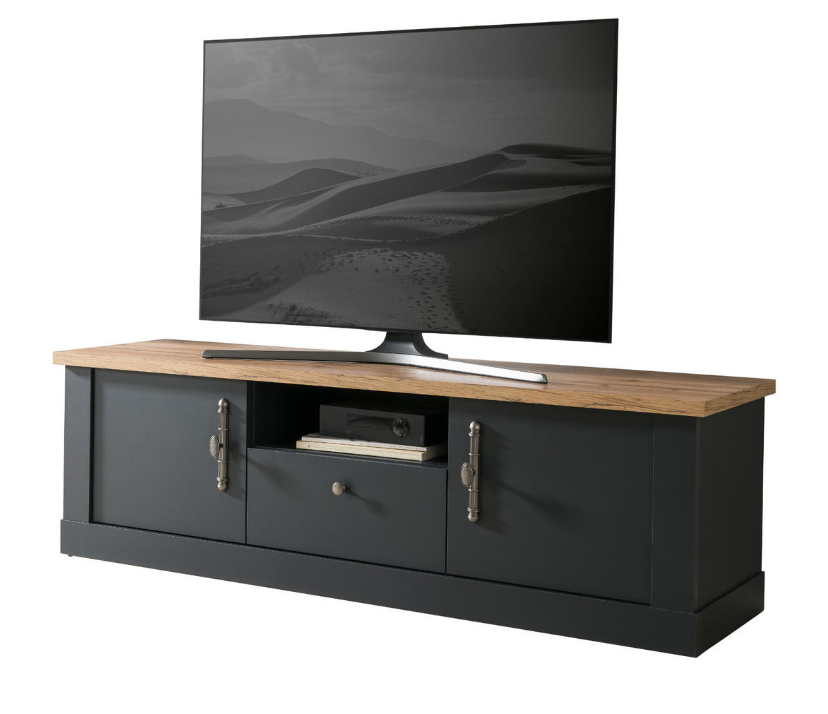 TV-LOWBOARD grau, Eiche Wotan, Landhaus 158 cm, TV Unterteil mit Soft-Close - Silberfarben/Eiche Wotan, Holzwerkstoff/Kunststoff (158/51/45cm) - Furn.Design