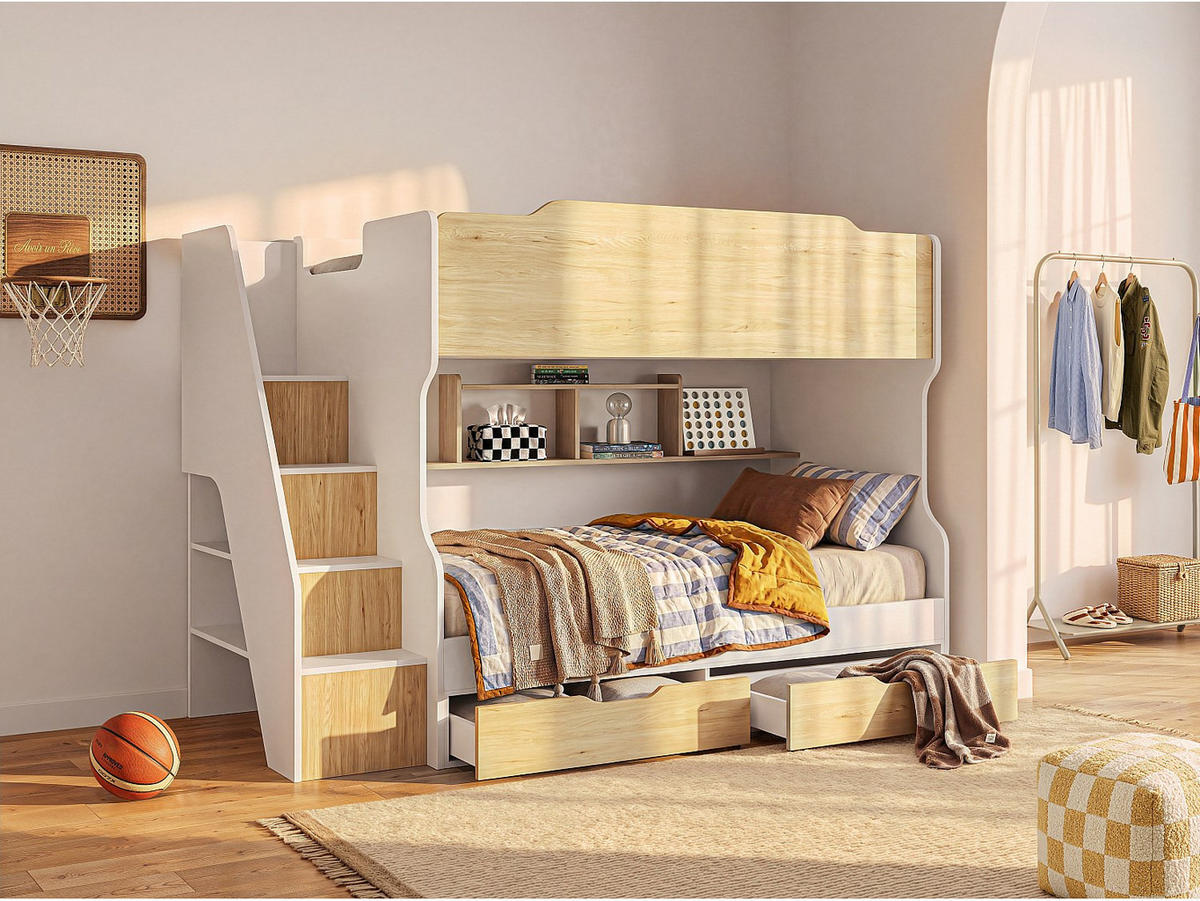 ETAGENBETT - 2 Personen - holz - naturfarben hell, weiß Yalova - Weiß, Holz (90/190cm) - Vente-Unique