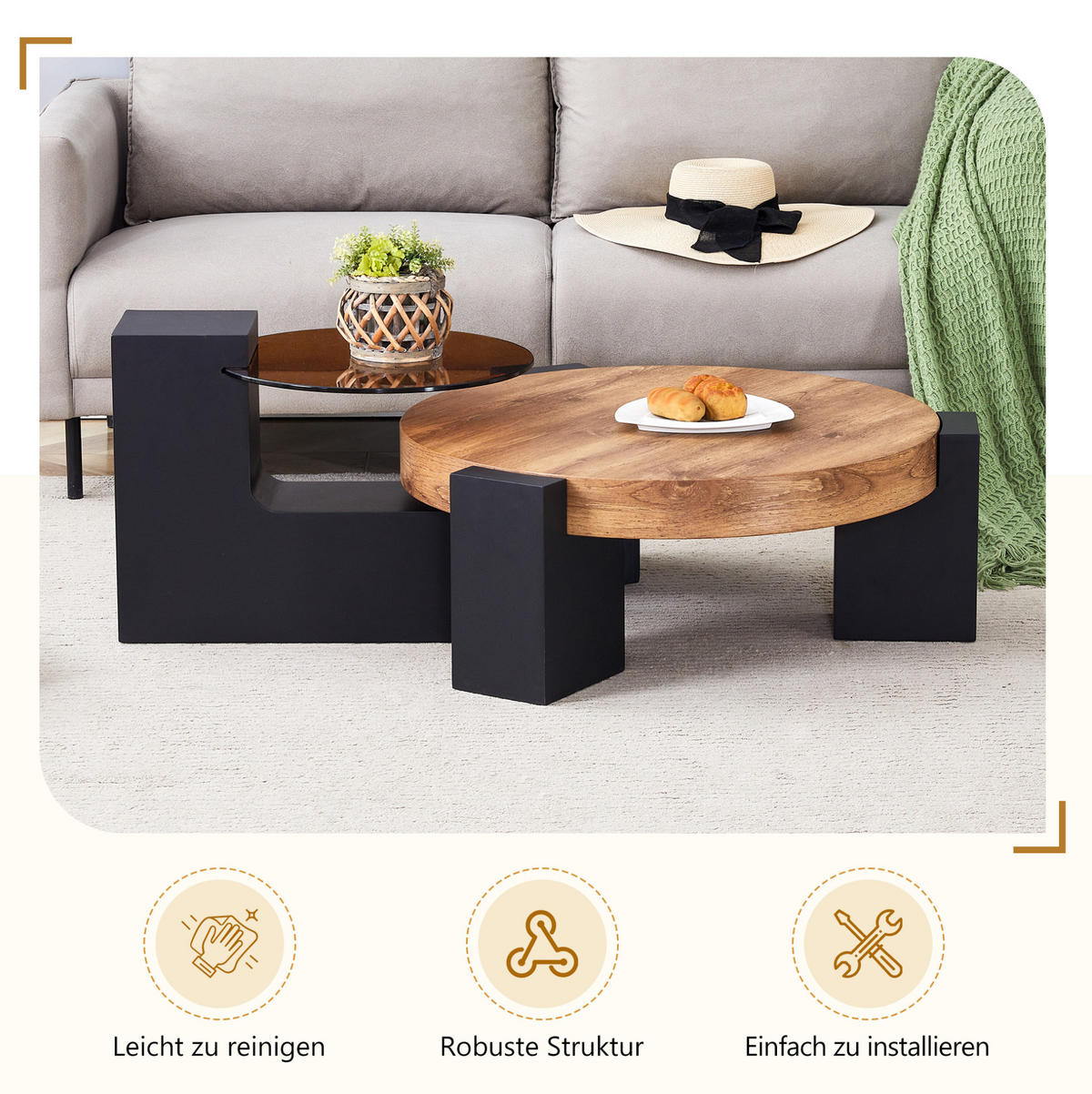 COUCHTISCH 61/30 cm schwarz aus MDF und Glas mit zwei Ebenen - Schwarz, Holzwerkstoff (61/61/30cm) - OKMYHOME