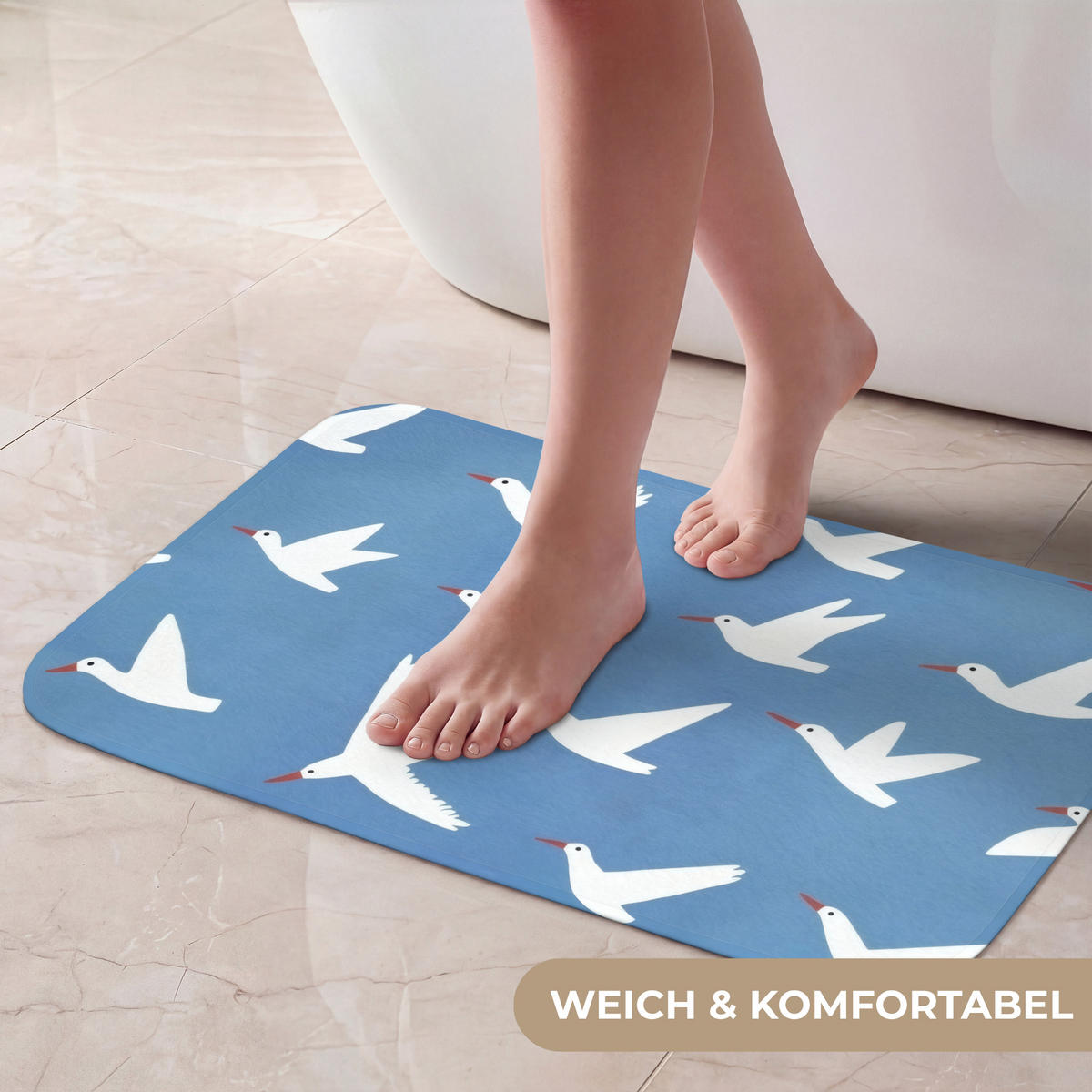 BADEMATTE Vögel - Weiß - Muster 60x40 cm - Blau, Kunststoff/Textil (60/40cm)