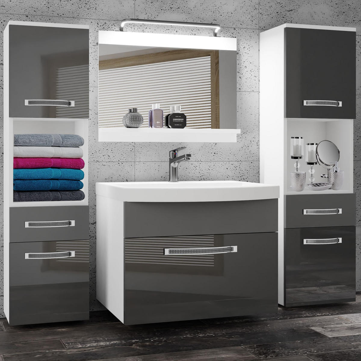 BADMÖBEL Badezimmer Grau Glänzend Matt - Silberfarben/Grau, Holz (140/113/40cm) - B BELINI GROUP