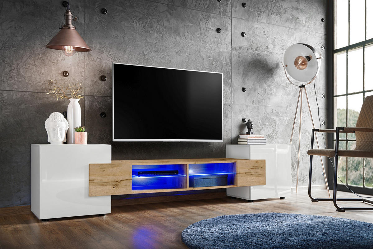 LOWBOARD MERANO Weiß, Blau LED Beleuchtung - Eiche Wotan/Weiß, Glas/Holzwerkstoff (230/52.5/35cm) - Komodee