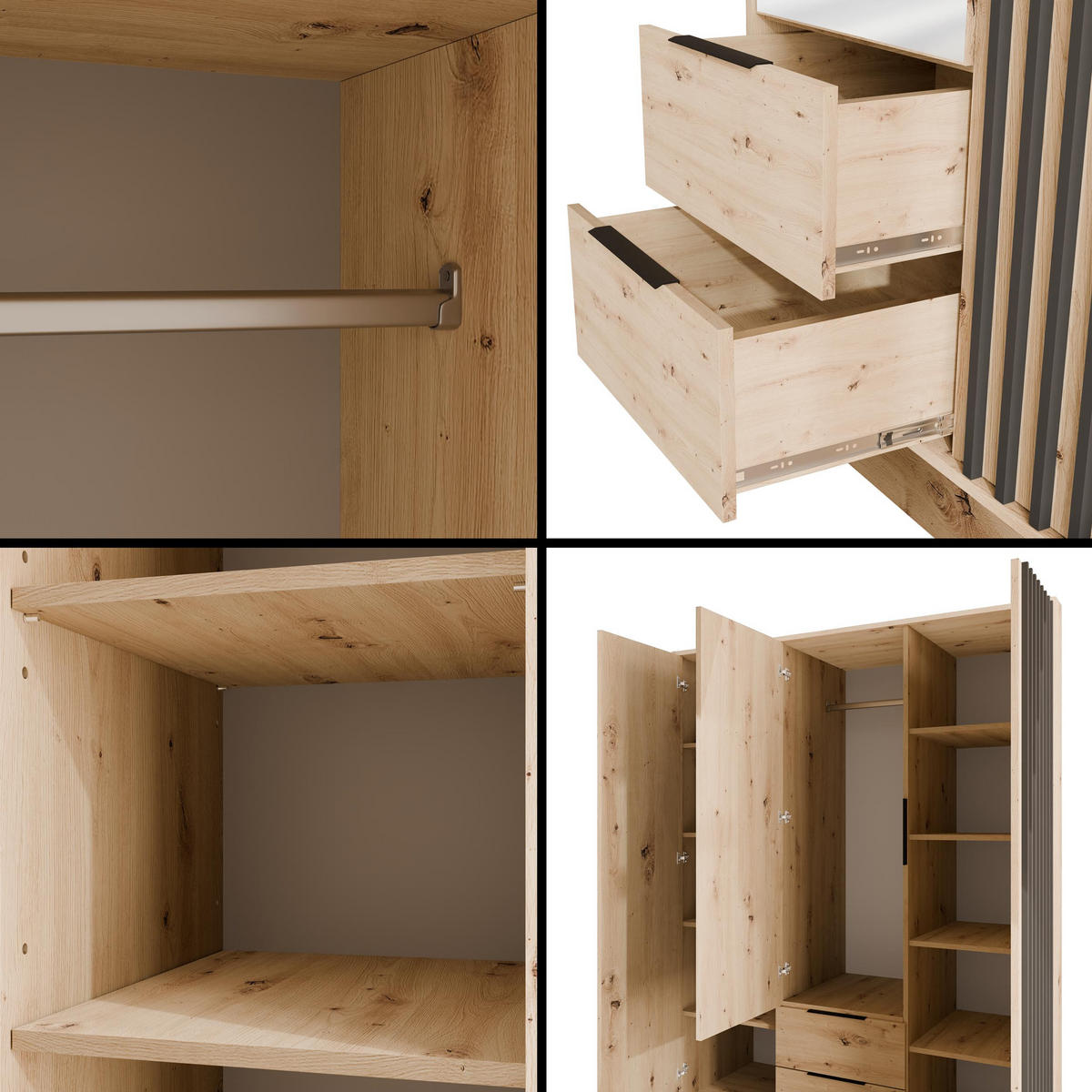 KLEIDERSCHRANK NELIA - 150 cm - Schwarz/Eiche Artisan, Holzwerkstoff (150/200/51cm) - ALTDECOR