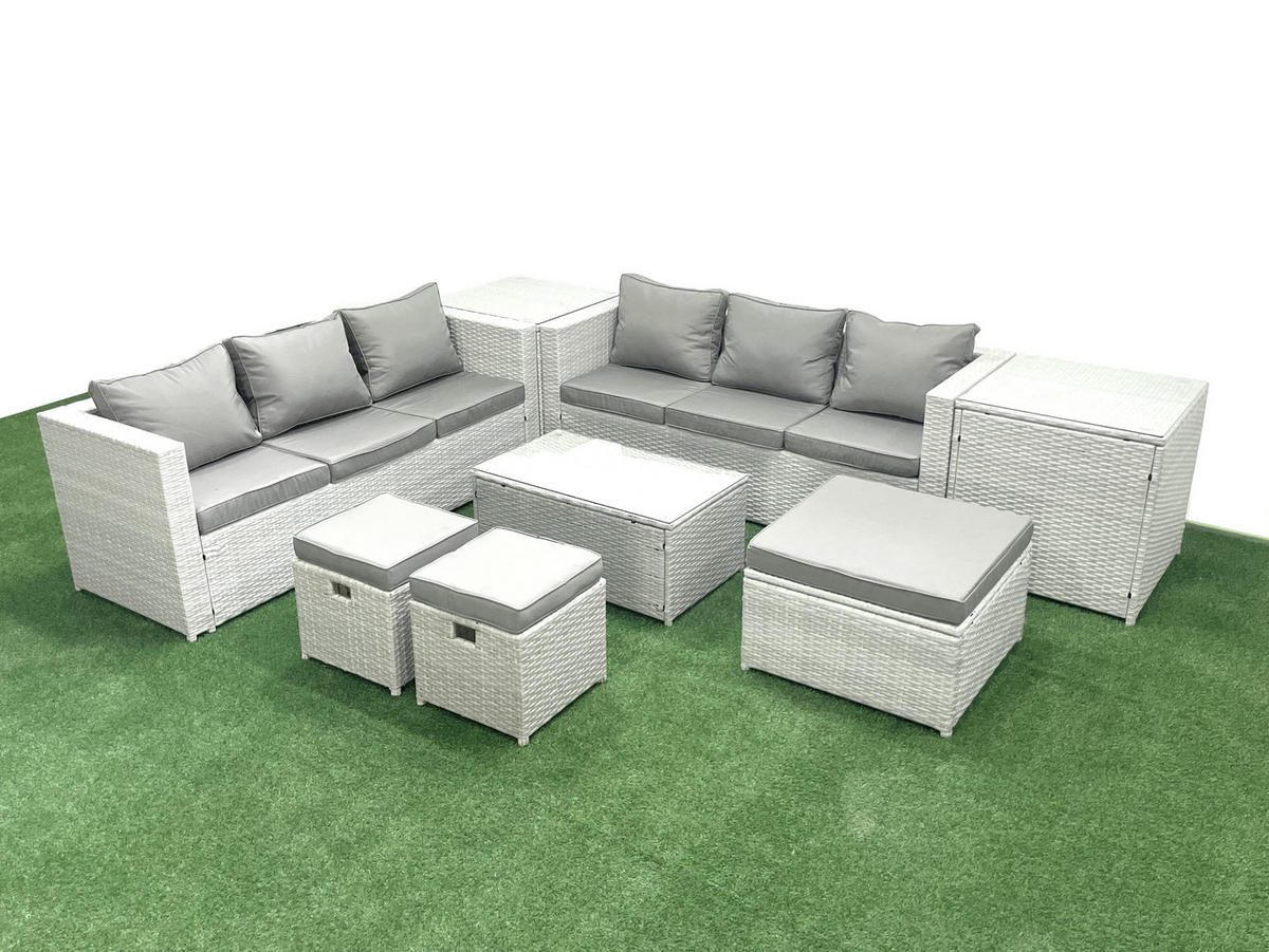 GARTENGARNITUR mit 3-SITZER SOFA,COUCHTISCH Polyrattan Hellgrau-Mix 9-Sitzer - Hellgrau/Grau, Glas/Kunststoff - Fimous