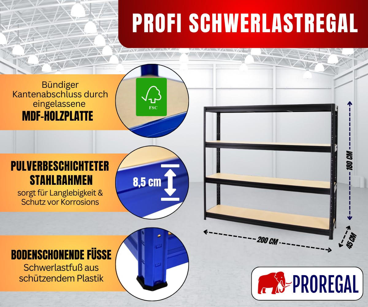 SCHWERLASTREGAL Dino 180x200x45 cm Fachlast 500 kg Schwarz - Schwarz, Metall (200/180/45cm) - PROREGAL