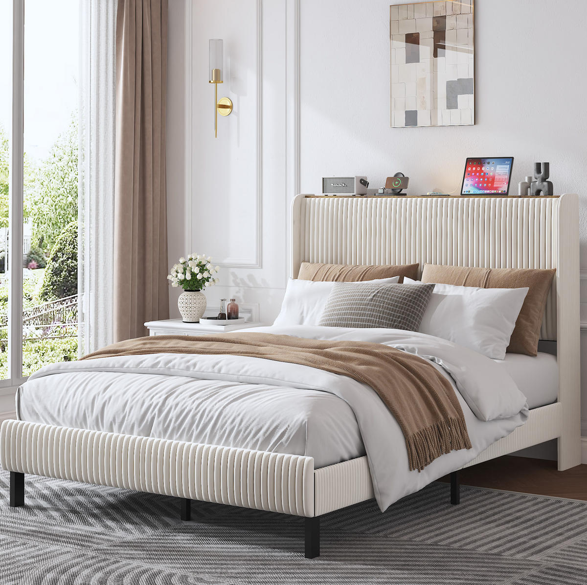 POLSTERBETT 140/200 cm mit Cordbezug, geräuscharmem Metallgestell und Flügelkopfteil, Beige, Creme - Creme, Textil (140/200cm) - Redom