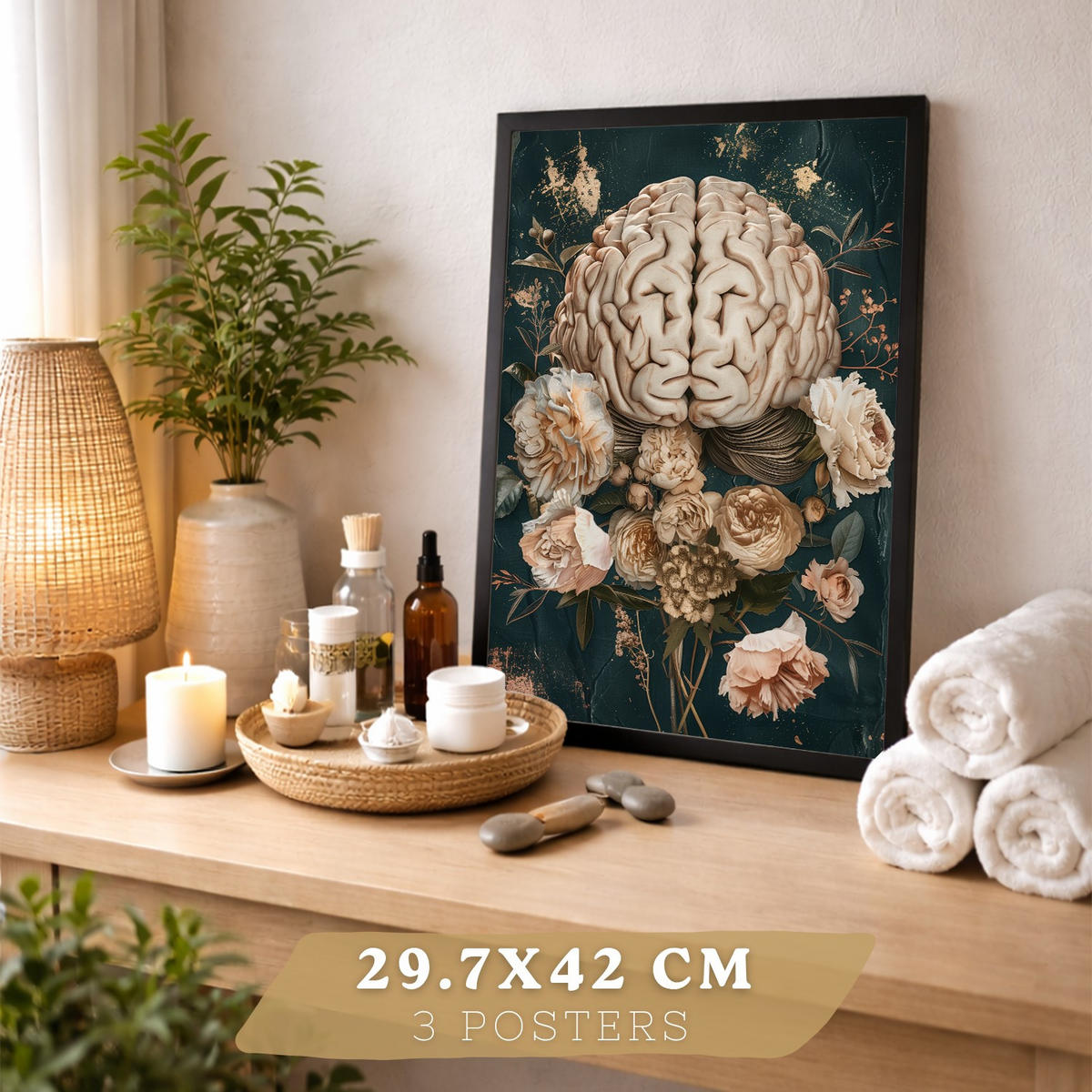 POSTER Set aus 3 Anatomie Drucke und Dekorative Wandbilder mit Herz Gehirn Lungen Atmungssystem Vintage Florales Grün Gold Design Größe Rahmenlos A3 - Klar, Papier (29.7/42/3cm) - Nacnic