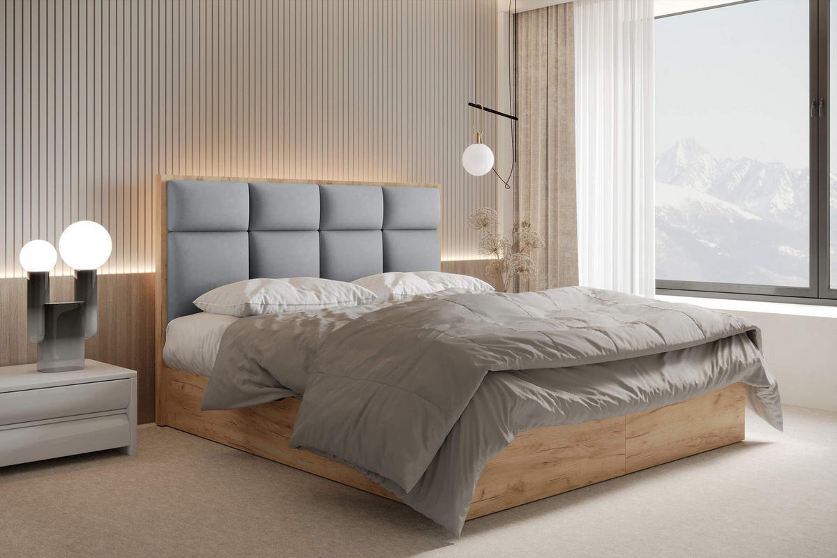 BOXBETT 140 x 200 cm mit Bettkasten und Taschenmatratze H3, SELVA mit Topper 5 cm und Holzelemente, Grau - Grau, Holzwerkstoff/Kunststoff (140/200cm) - Trada