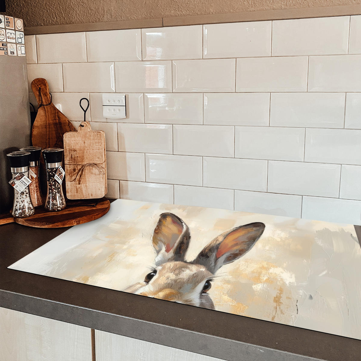 HERDABDECKPLATTE Hase - Ohren - Braun Ceranfeldabdeckung 85x52 cm - Beige, Kunststoff (85/52/0.2cm) - MuchoWow