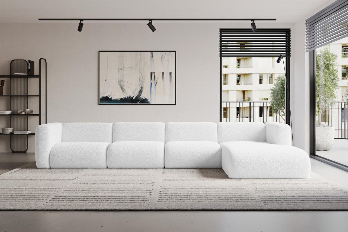 ECKSOFA Ottomane Rechts MIRA-L3 409x179x70 Weiß Bouclé - Schwarz/Weiß, Holzwerkstoff/Kunststoff (409/179cm) - ALTDECOR