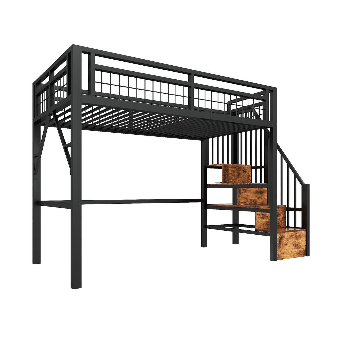 HOCHBETT 90/200 cm aus Metall mit LED-Beleuchtung und Stauraumtreppe - Schwarz, Metall (90/200cm) - Flora Grace