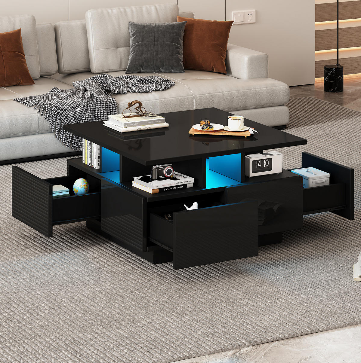 COUCHTISCH 70/70/40 cm Schwarz aus Spanplatte mit LED und 4 Schubladen - Schwarz, Holzwerkstoff (70/70/40cm) - OKMYHOME