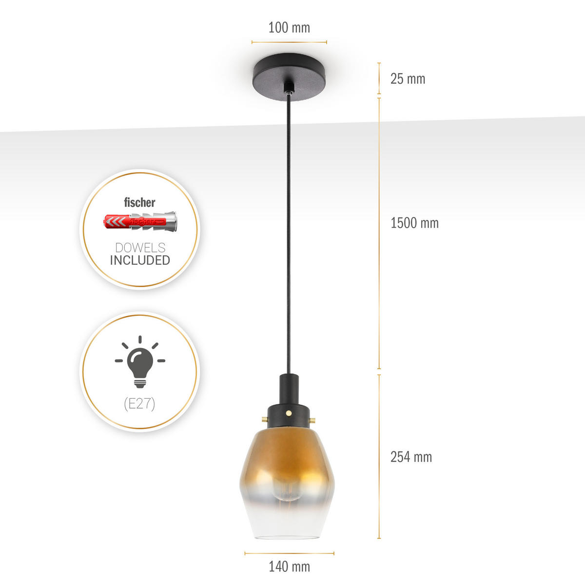 PENDELLEUCHTE Dora - Goldfarben/Schwarz, Metall (14/14/25.4cm) - Paco Home