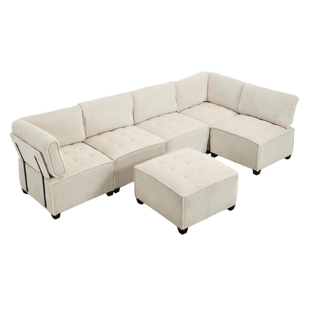 Redom MODULÁRNÍ pohovka 308/154/81,99 cm, 6 míst, variabilní sestava do U/L i lůžka, manšestr, boční kapsy, Béžová