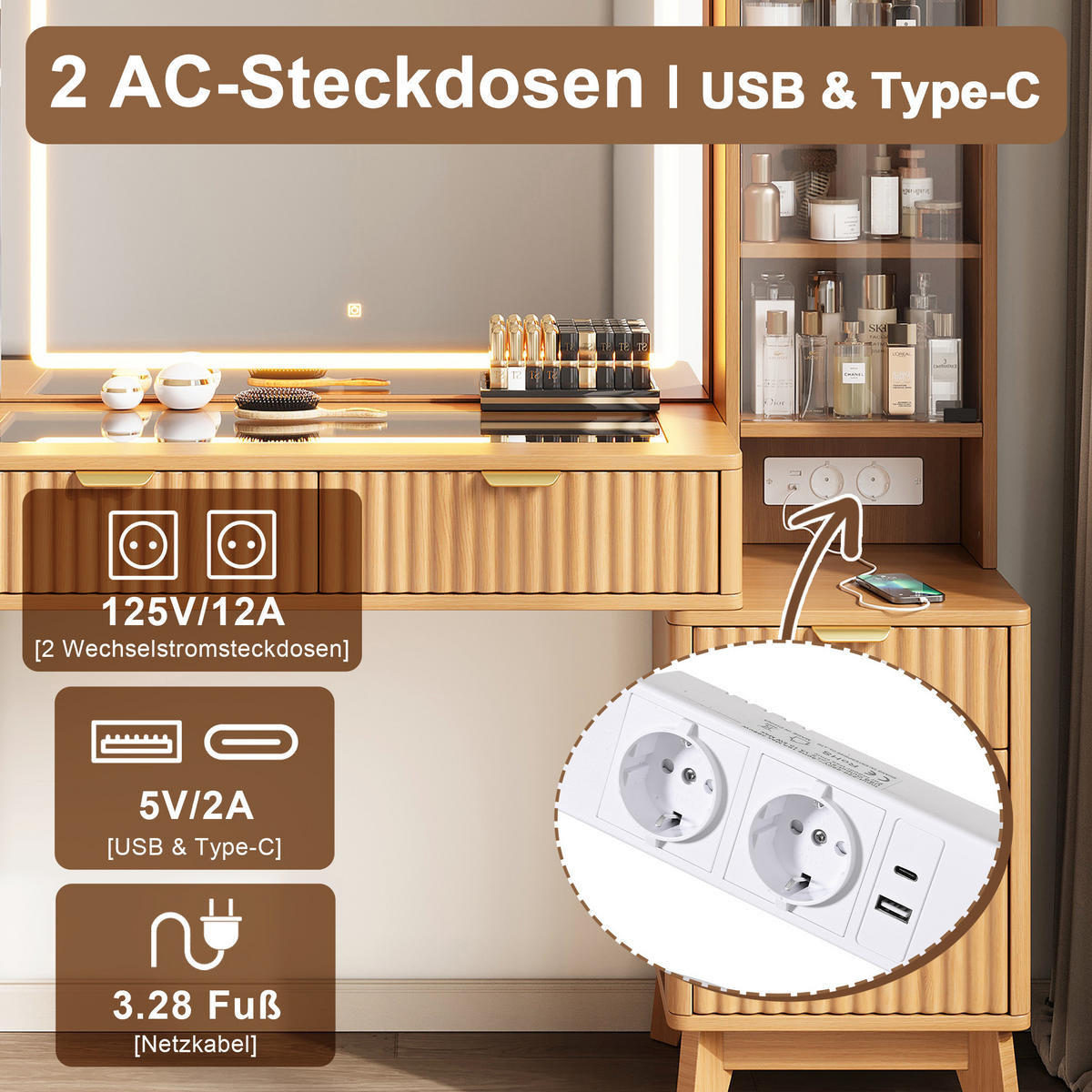 SCHMINKTISCH LED Spiegel USB Schubladen Weiß Modern - Naturfarben, Holzwerkstoff (133/136/40cm) - FLIEKS
