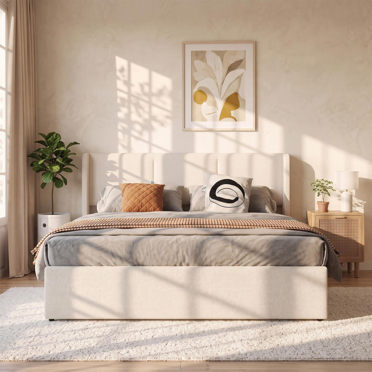 POLSTERBETT 160x200 cm mit Bettkasten und gepolstertem Kopfteil, Lattenrost mit Stauraum, Leinenbezug in Beige - Beige, Holz/Textil (160/200cm) - GENKI LIVING