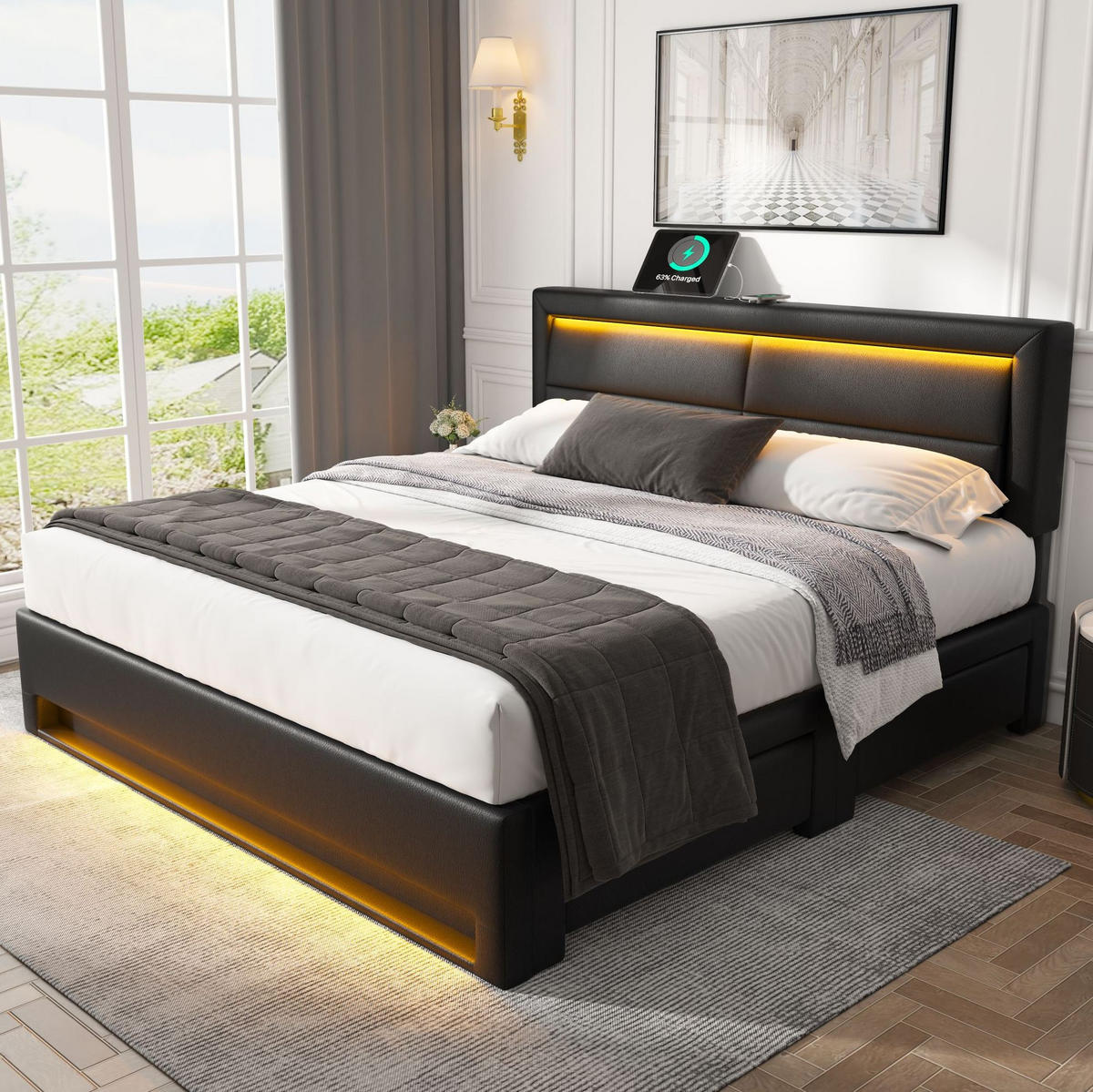 POLSTERBETT 140/190 cm aus PU mit LED USB-Ladefunktion und 4 Schubladen Schwarz - Schwarz, Kunststoff (140/190cm) - Modenvie