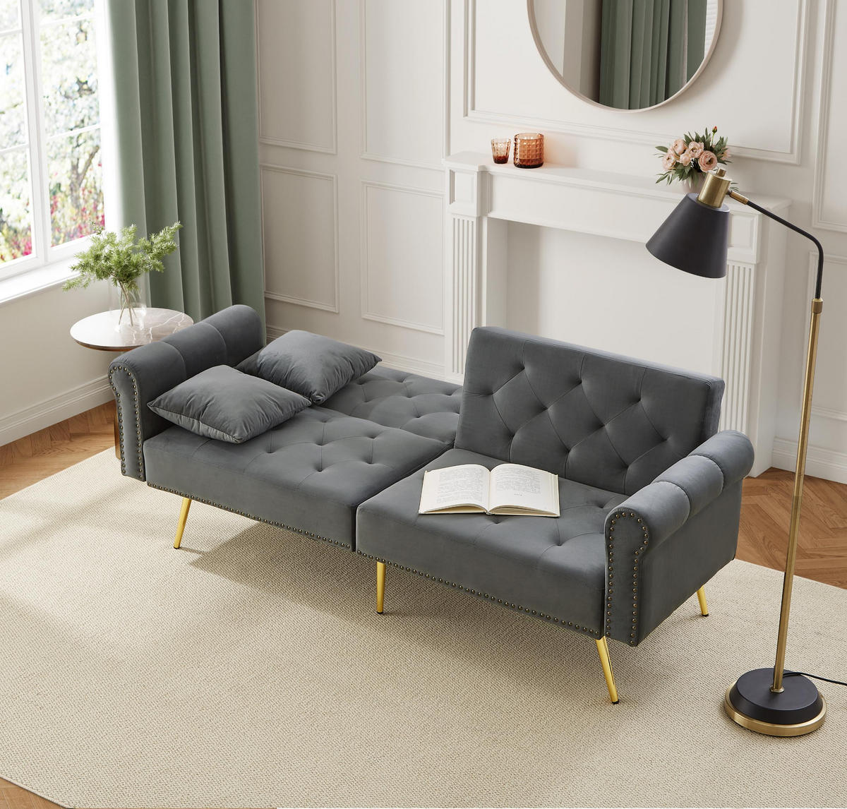 SOFA 2-Sitzer Schlaffunktion Samtbezug Verstellbare Lehne Metallfüße Kleinraum - Grau, Holz (89.54/19.81/77.47cm) - FLIEKS