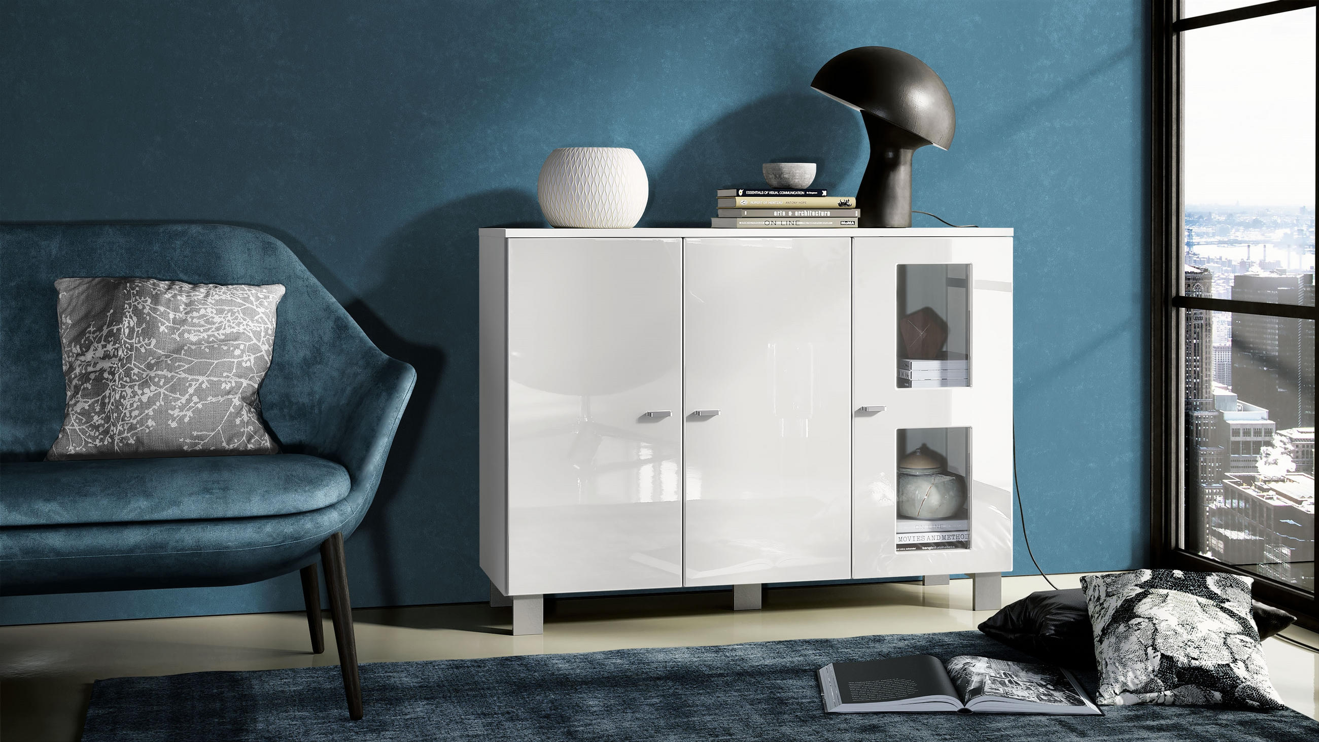 SIDEBOARD Denjo Tür in Weiß Hochglanz - Weiß Hochglanz, Holzwerkstoff (107/81/35cm) - Vladon
