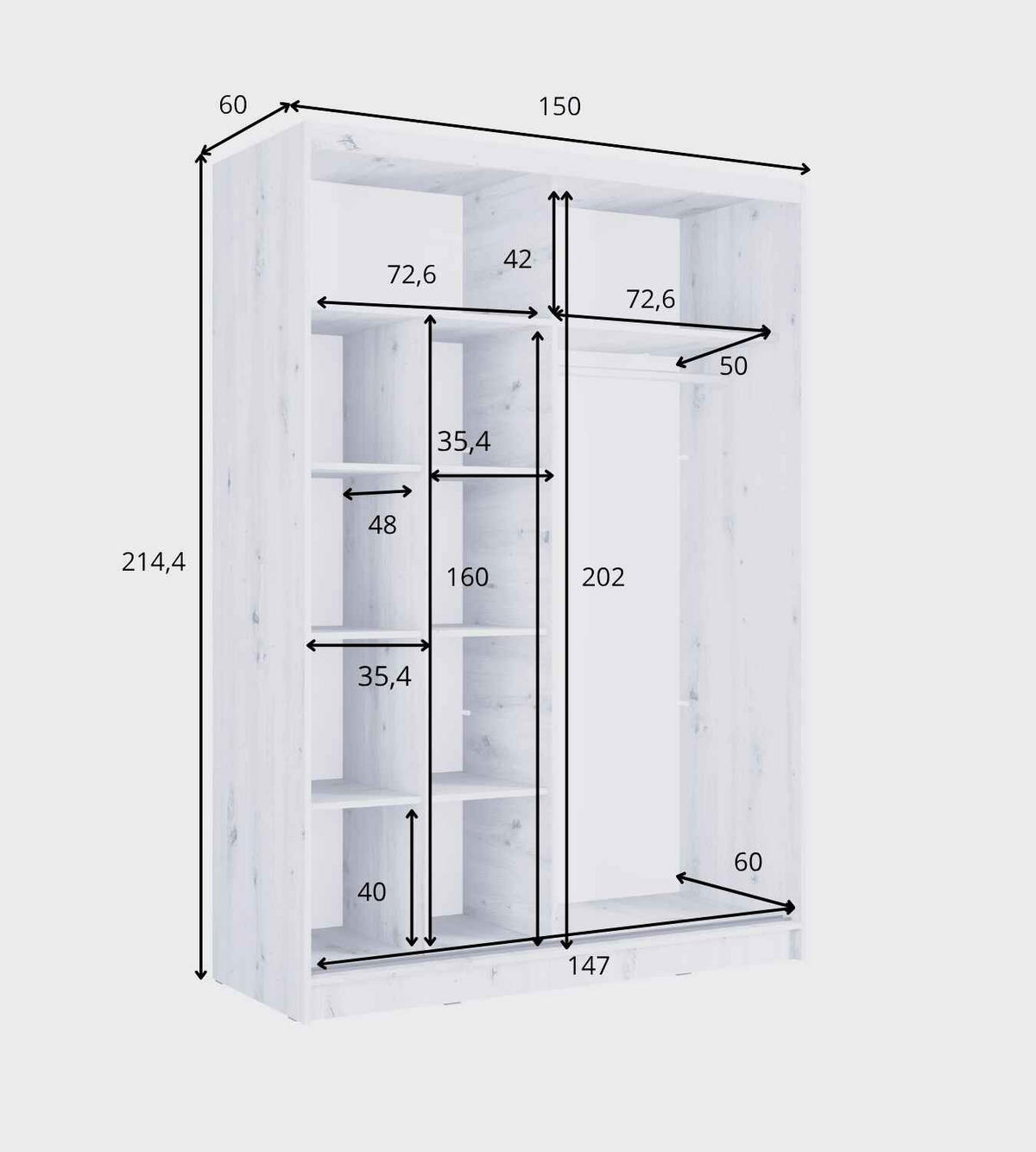 SCHWEBETÜRENSCHRANK VEYDAR 155/215/62cm 2-türig mit Spiegel Grau - Grau, Holzwerkstoff (155/215/62cm) - MASSENO