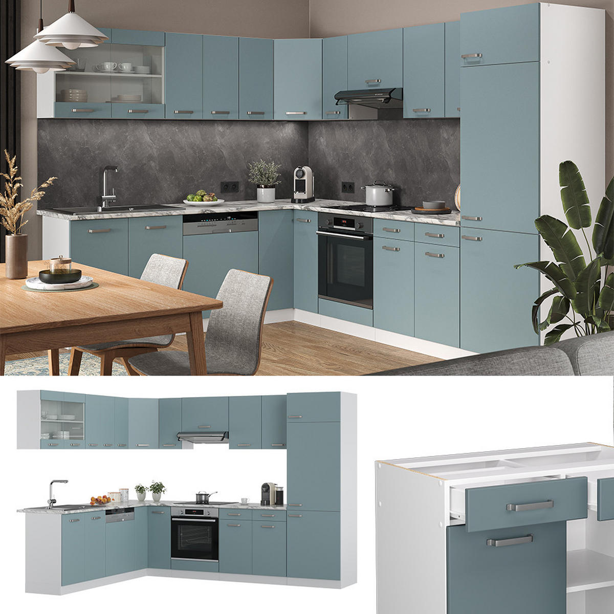 ECKKÜCHE R-Line Blau-Grau/Weiß 227 x 287 cm, AP Anthrazit - Blaugrau/Weiß, Holzwerkstoff (287/81.6/60cm) - Vicco